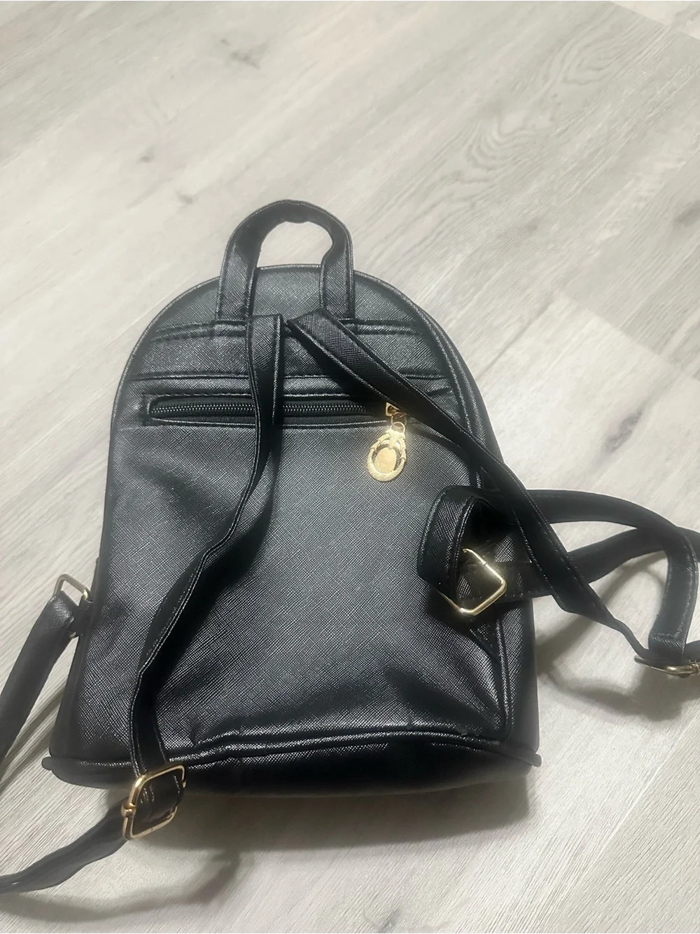 Mini Black Faux Leather Backpack with Cat Charm